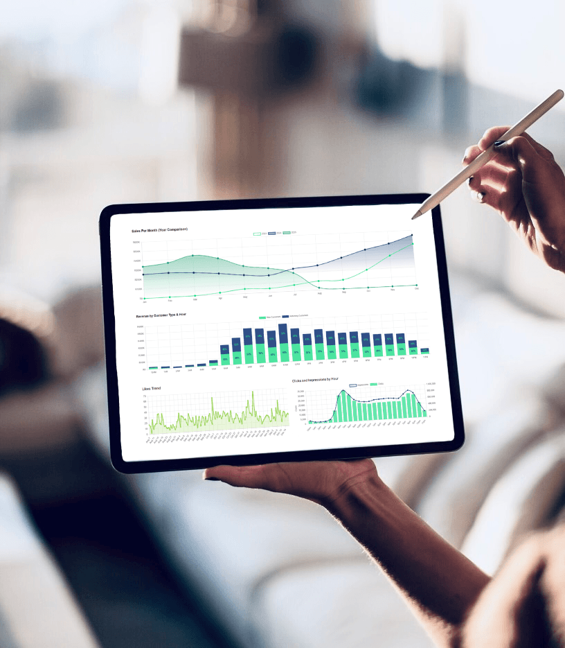 Person holding tablet with data dashboard