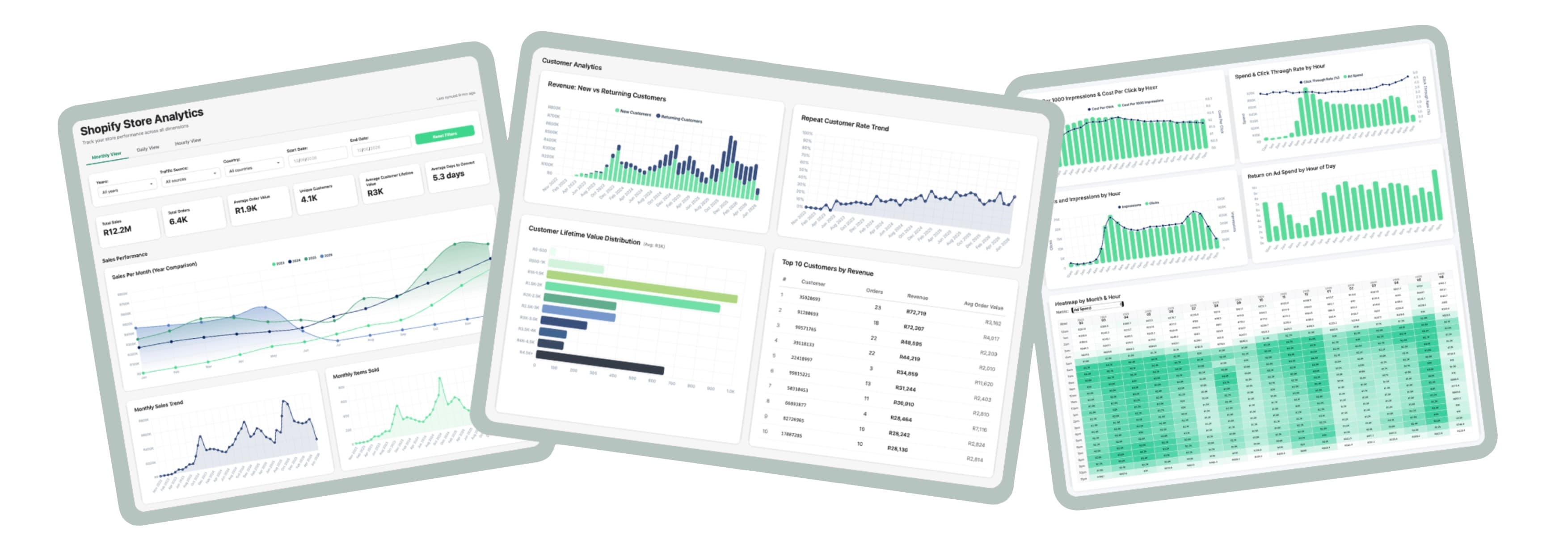 Siloed and joint dashboards across Shopify, Meta Marketing, and accounting